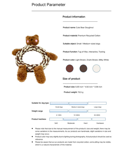 Eco-Brownie Bear dog toy showing product dimensions, materials, and specifications.