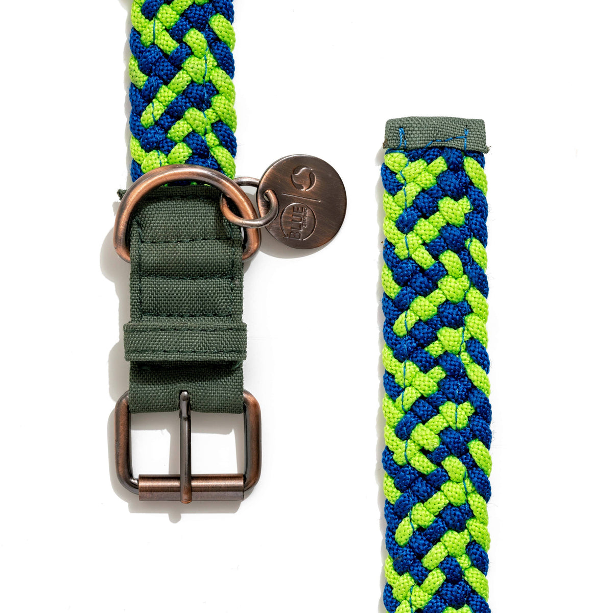 Close-up of BetterCollar Neon Green & Royal Blue Dog Collar with metal hardware