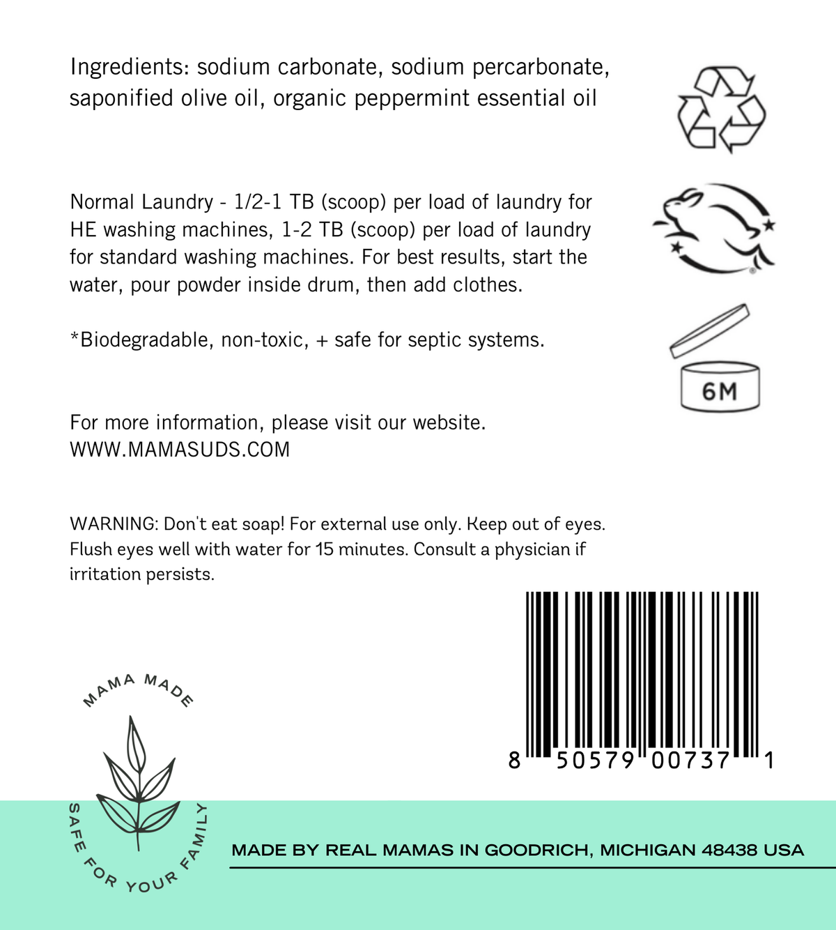 Back label of Mama Suds Peppermint Laundry Soap Powder showing ingredients, directions, and product information