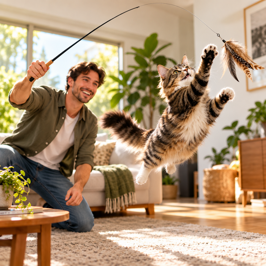 Cat leaping toward a feather toy during interactive play with the Forever Stick cat wand in a bright living room