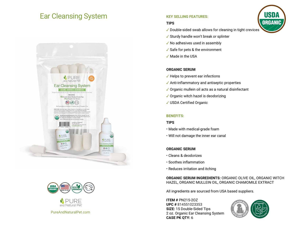 Ingredients and product information for the Organic Ear Cleansing System for dogs and cats