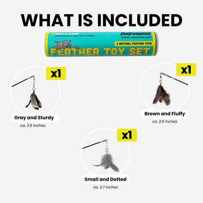 Repounce three-piece feather toy attachment set showing the three included natural feather styles