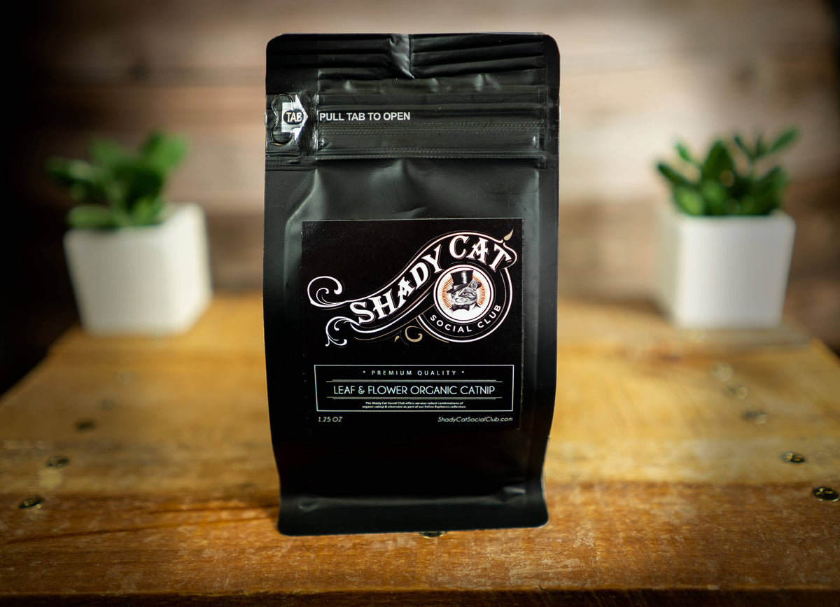 Shady Cat Organic Leaf & Flower Catnip in a resealable stand-up pouch.