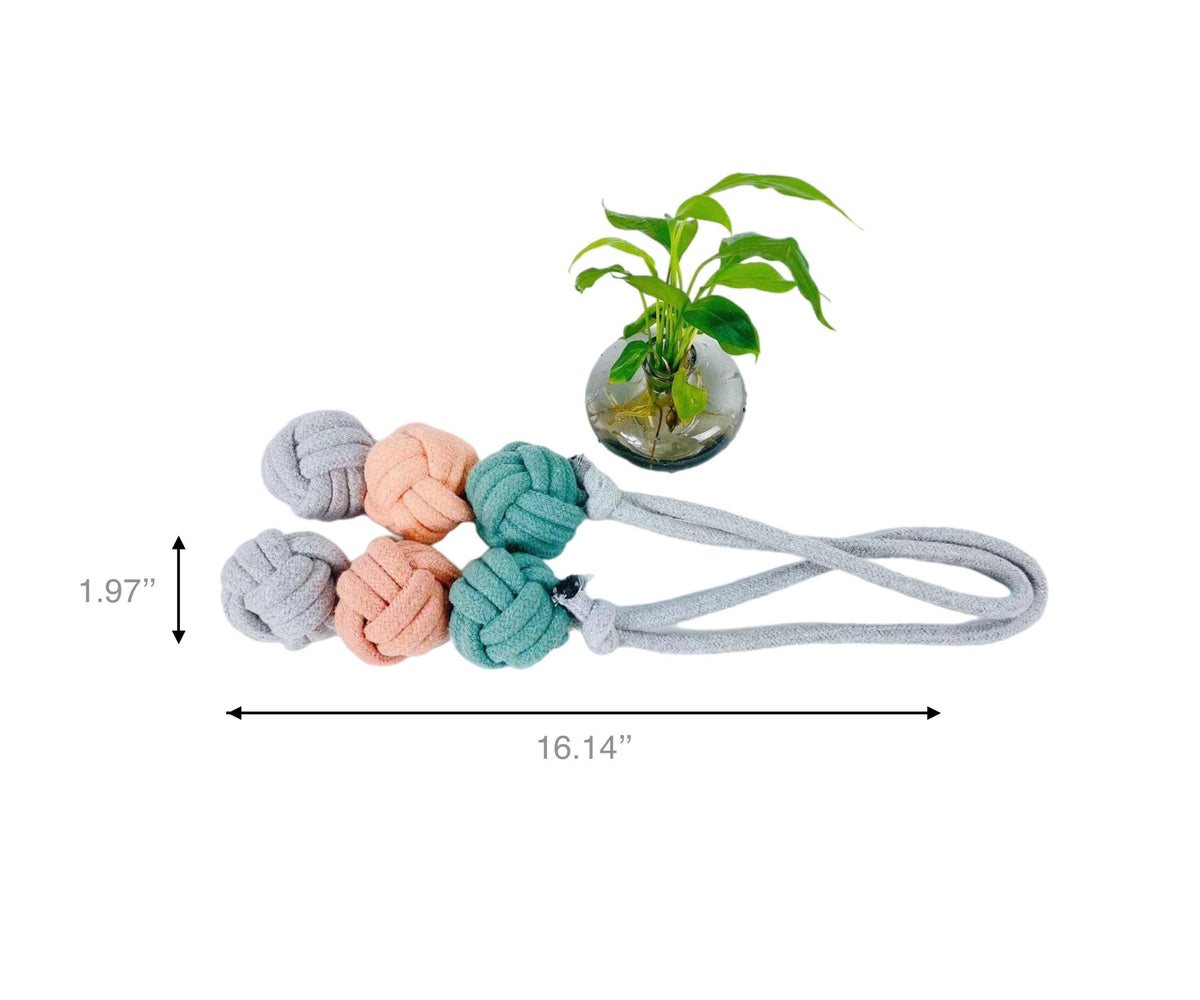 Handmade Ice Cream Rope Ball Dog Toy with dimensions for size reference