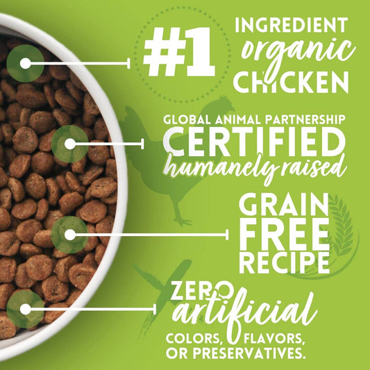 Organic Chicken & Liver Recipe dry dog food kibble highlighting USDA Certified Organic chicken, grain-free recipe, and no artificial colors, flavors, or preservatives.