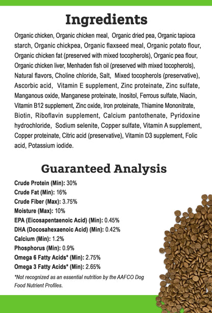 Guaranteed analysis, ingredient list, and kibble size for Organic Chicken & Liver Recipe Dry Dog Food.