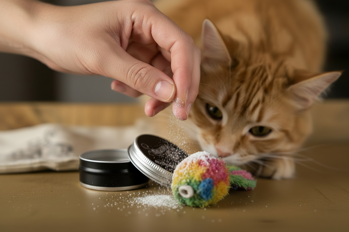 Sprinkling organic silver vine powder onto a cat toy