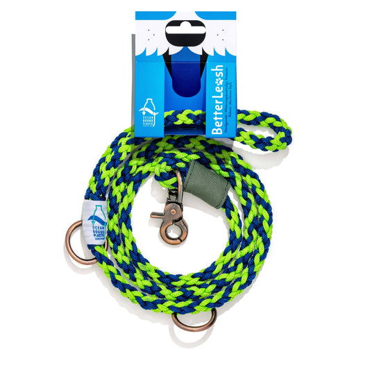 BetterLeash Neon Green & Royal Blue Dog Leash made from recycled ocean-bound plastic
