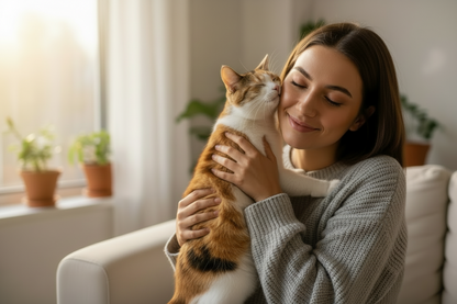 Pet owner caring for a cat while monitoring urinary health with Verity Pet UTI Test Strips