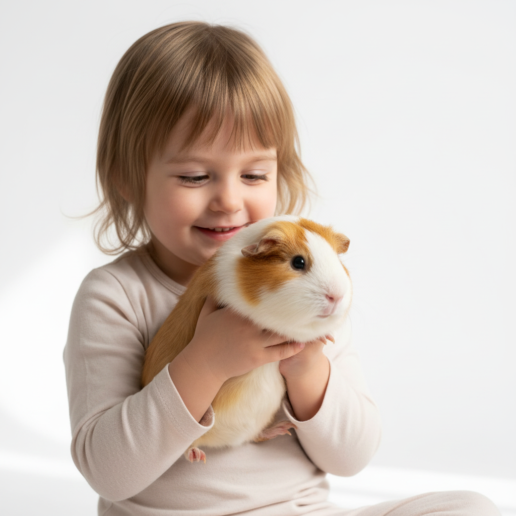 Child holding a guinea pig representing the care of companion animals and proactive pet wellness