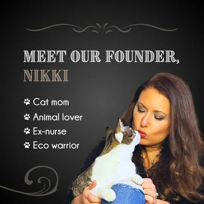 Shady Cat Social Club founder Nikki holding a cat and supporting handmade feline enrichment products