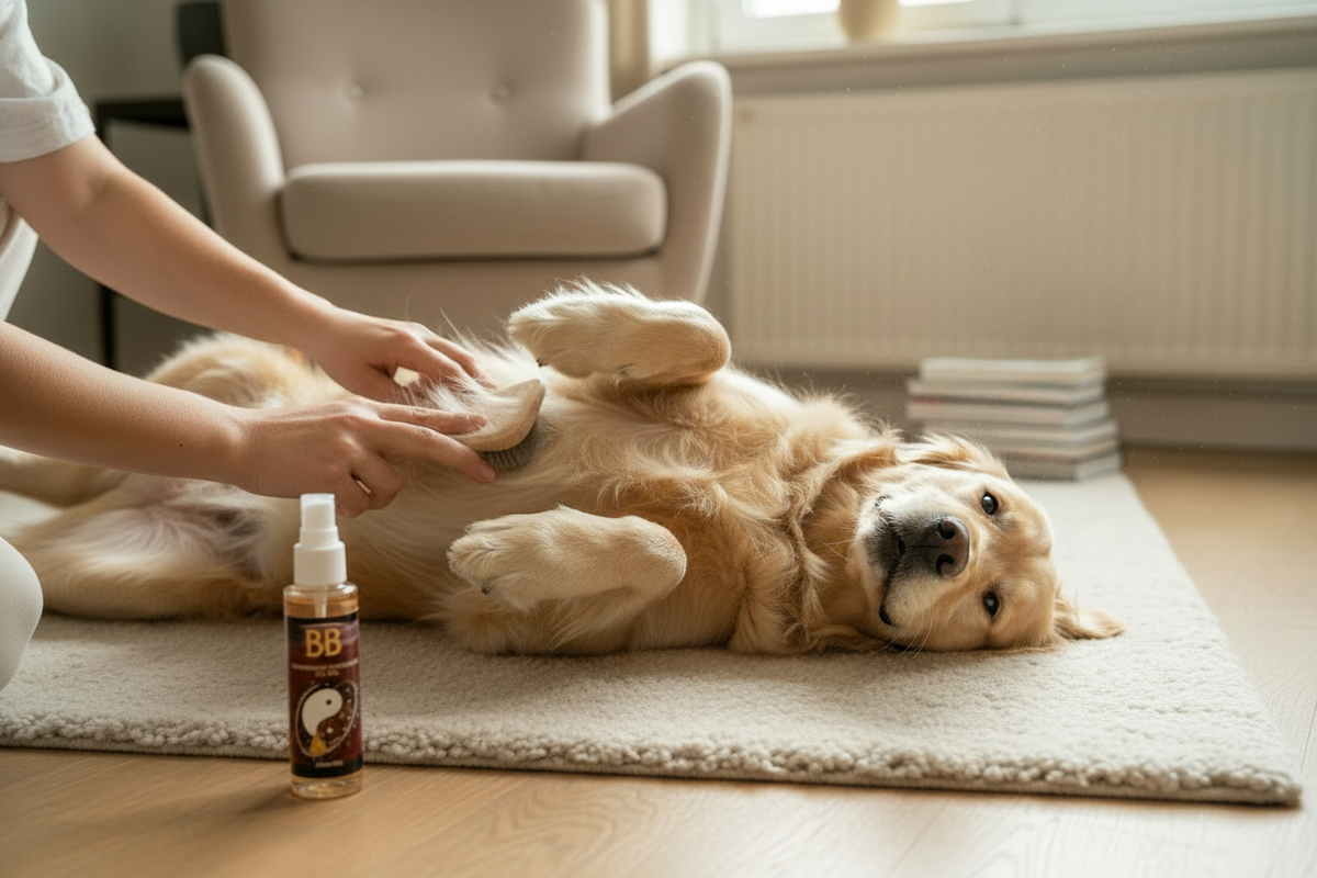 Applying B&B Deluxe Professional Fur Oil Silk Drops to a dog’s coat during grooming