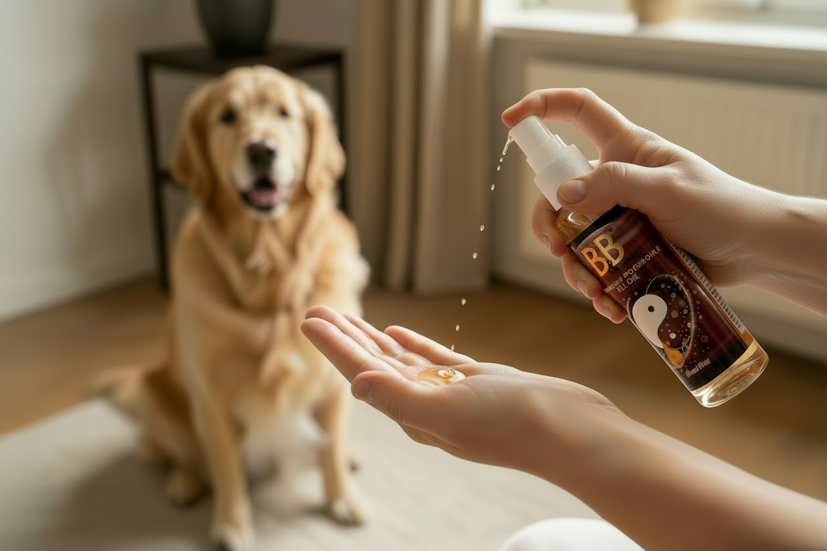 Applying B&B Deluxe Professional Fur Oil Silk Drops to hands before grooming a dog