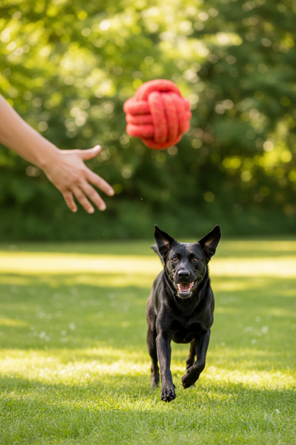 Dog chasing Handmade Jumbo Rope Ball Dog Toy during a game of fetch