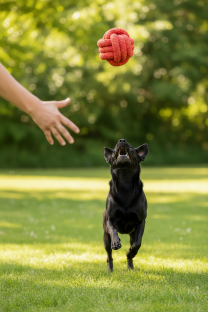Dog tracking Handmade Jumbo Rope Ball Dog Toy in midair