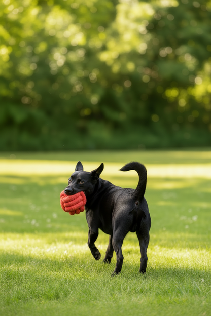 Dog retrieving Handmade Jumbo Rope Ball Dog Toy after fetch