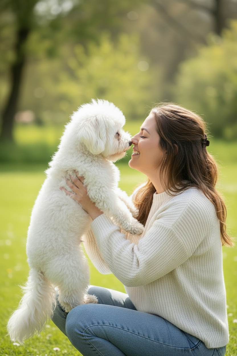 Happy dog and owner enjoying a fresh, clean coat after using B&B Organic Dry Shampoo 
Powder for dogs.