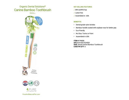 Bamboo toothbrush packaging showing product information and features for small dogs