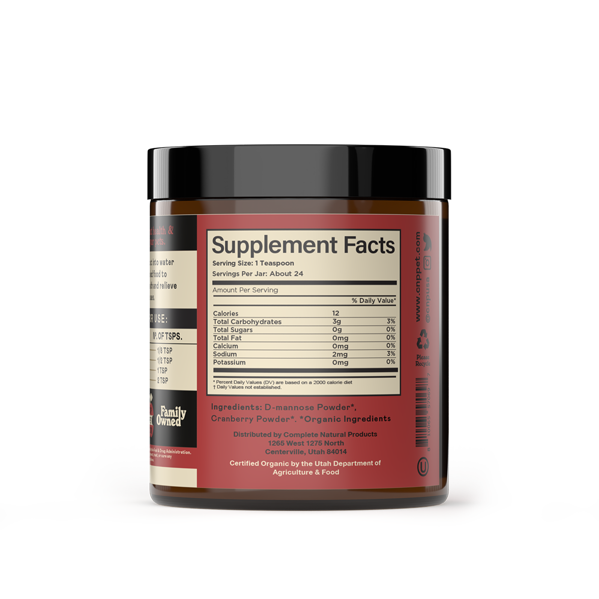 Supplement Facts panel for Organic D-Mannose & Cranberry Powder for dogs and cats