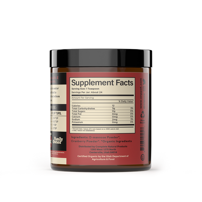 Supplement Facts panel for Organic D-Mannose & Cranberry Powder for dogs and cats
