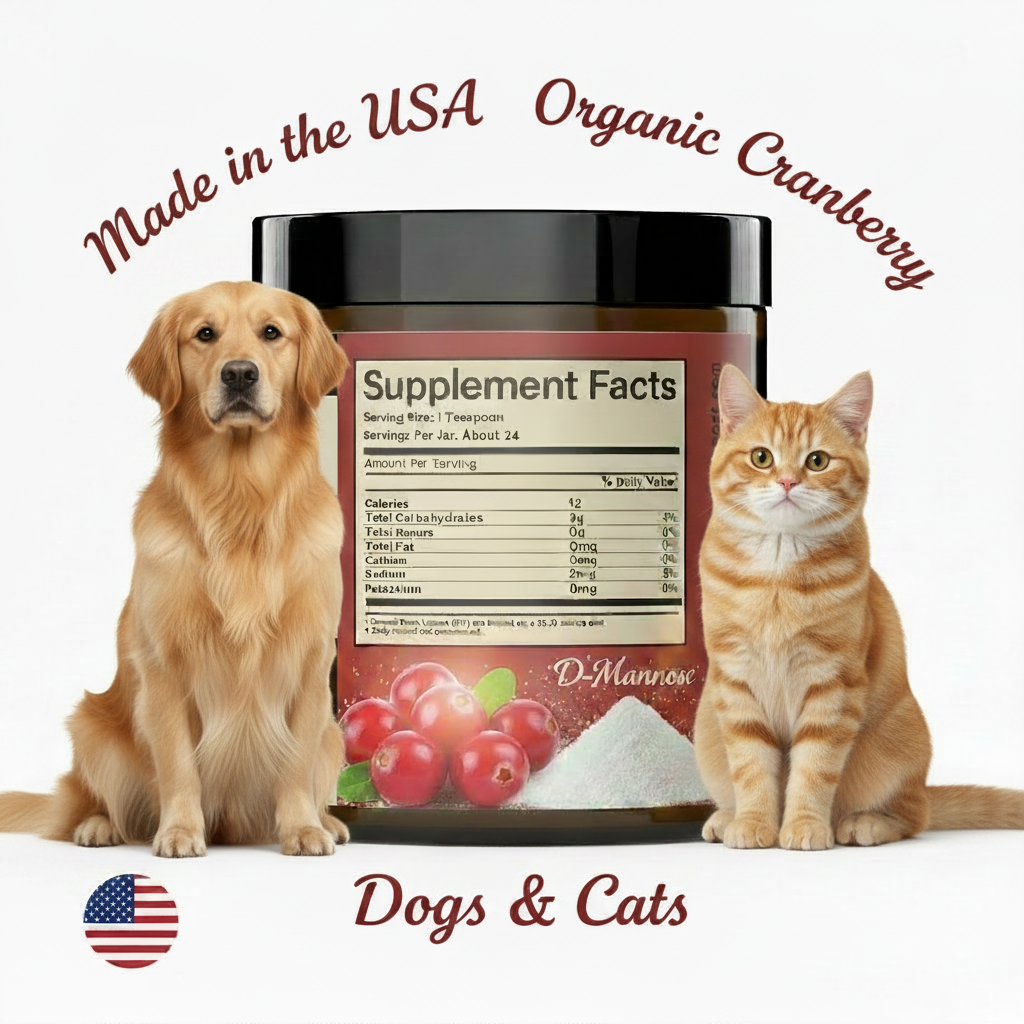 Organic D-Mannose & Cranberry Powder made in the USA with USDA Organic ingredients for dogs and cats
