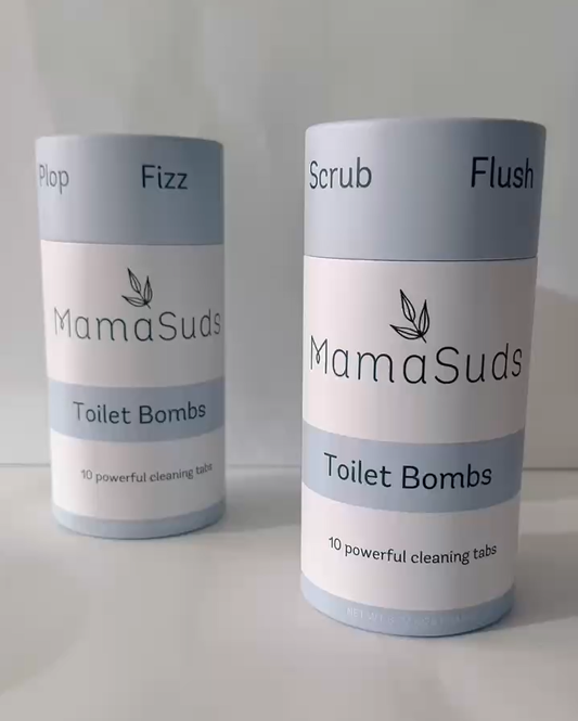 MamaSuds Toilet Bombs natural toilet cleaning tablets in recyclable paper canister.