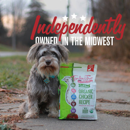 Small dog sitting beside Tender & True Organic Small Breed Chicken & Liver Recipe dog food