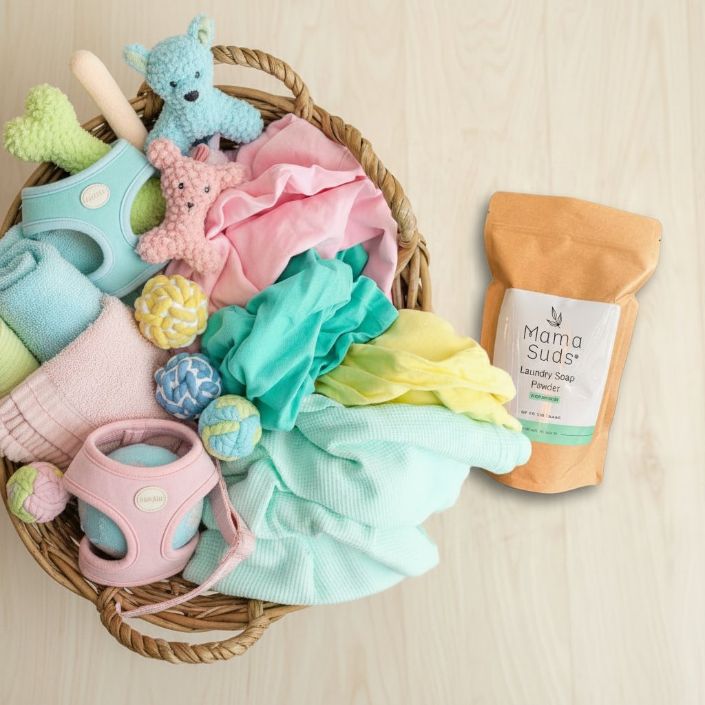 Freshly washed pet toys, towels, and blankets with Mama Suds Peppermint Laundry Soap Powder