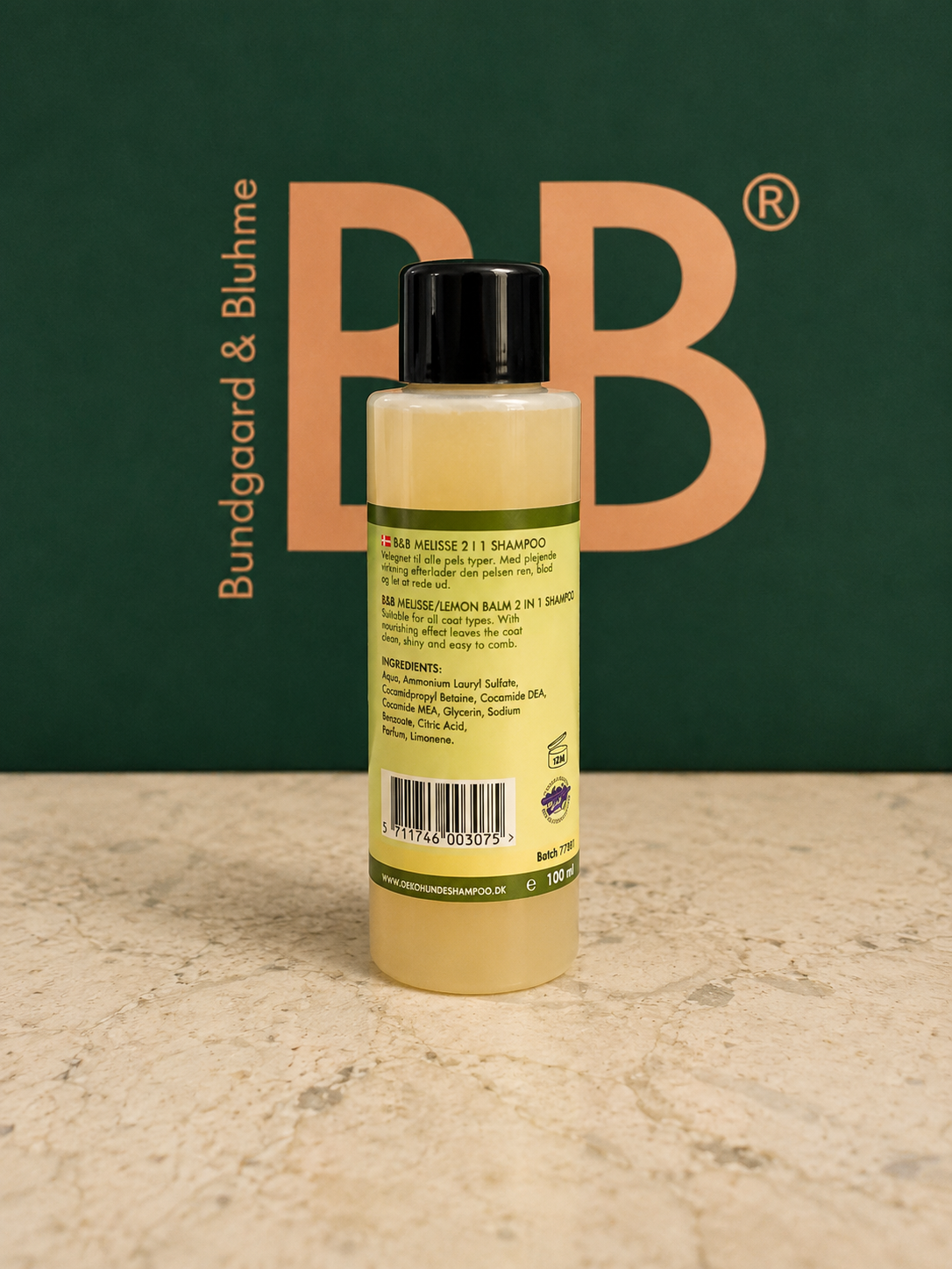 Back label of B&B Organic Melisse (Lemon Balm) 2-in-1 Shampoo showing ingredients and directions
