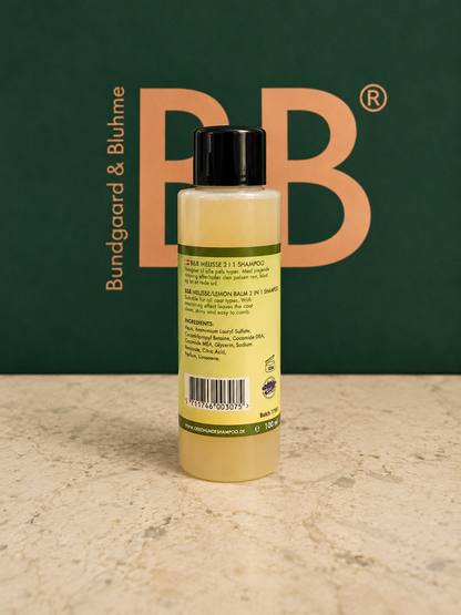 Back label of B&B Organic Melisse (Lemon Balm) 2-in-1 Shampoo showing ingredients and directions