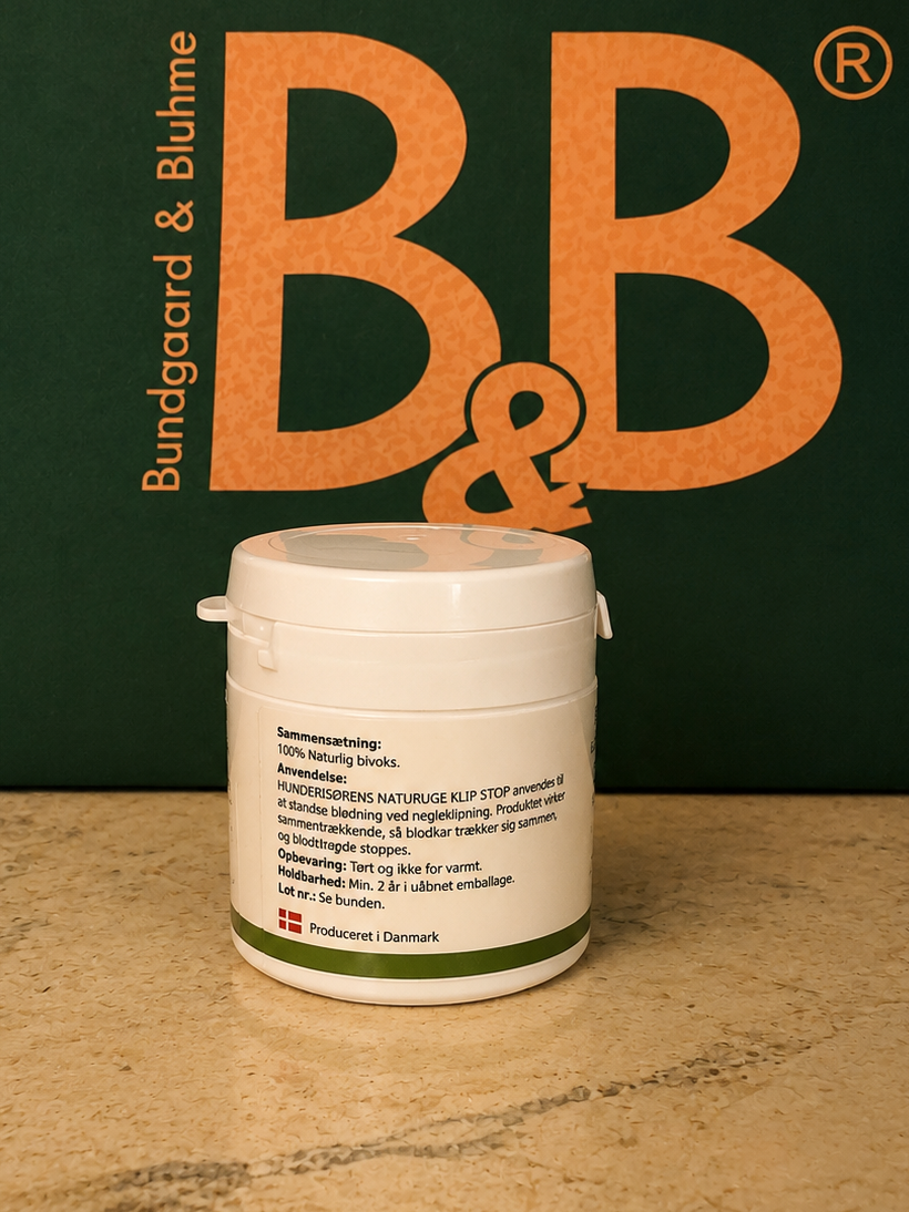 Back of B&B Klip Stop container showing product information and ingredients