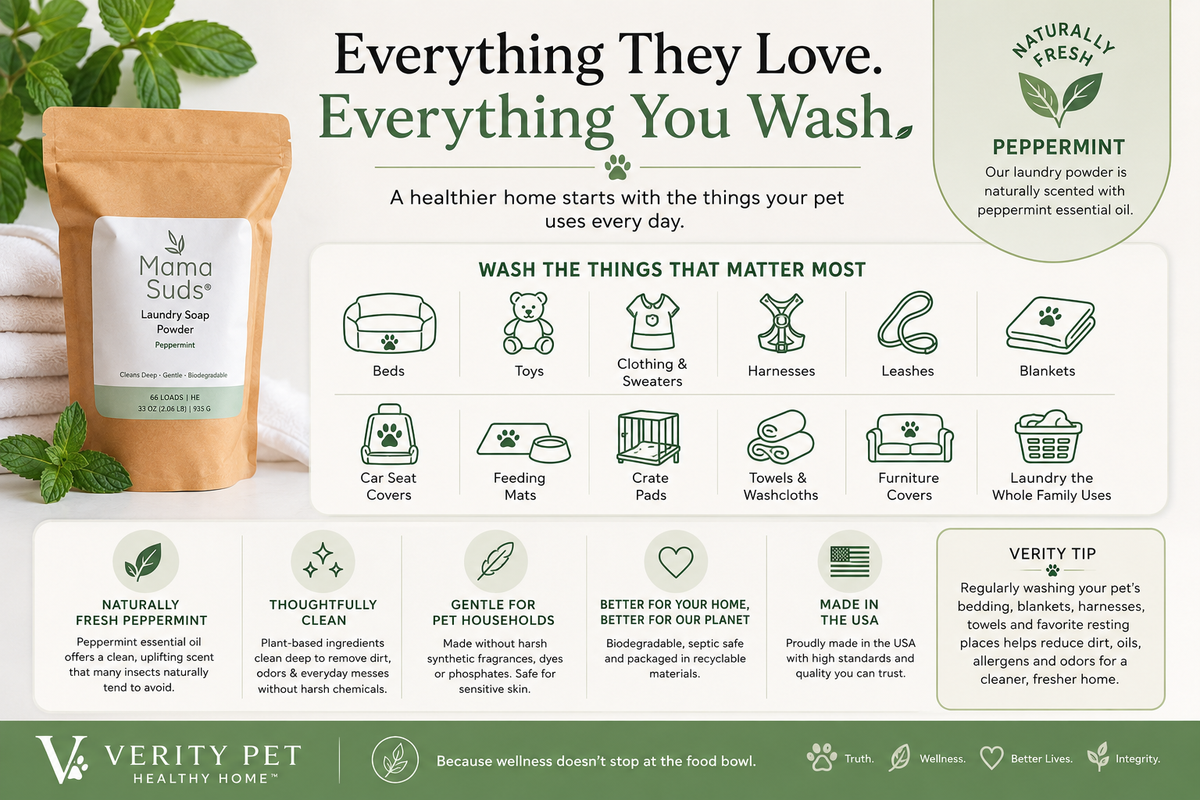 Healthy Home infographic showing how Mama Suds Peppermint Laundry Soap Powder helps clean pet beds, blankets, toys, clothing, harnesses, towels, and everyday pet laundry