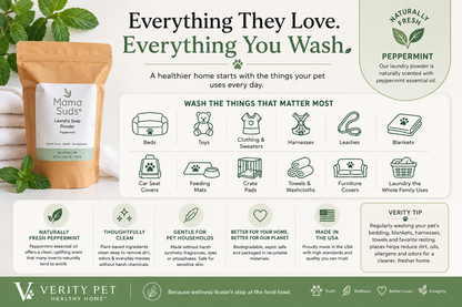 Healthy Home infographic showing how Mama Suds Peppermint Laundry Soap Powder helps clean pet beds, blankets, toys, clothing, harnesses, towels, and everyday pet laundry