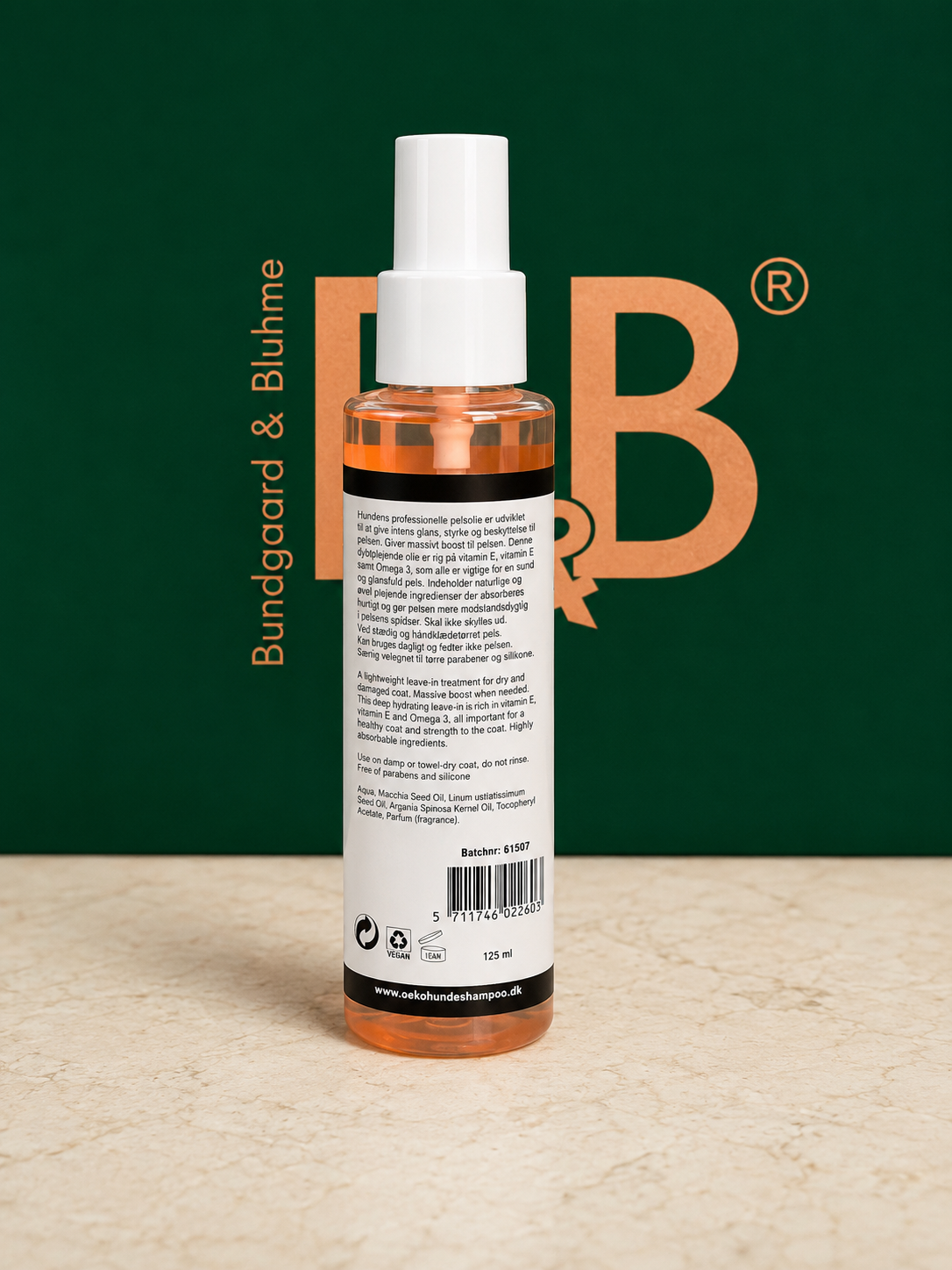 Back label of B&B Deluxe Professional Fur Oil Silk Drops for dogs