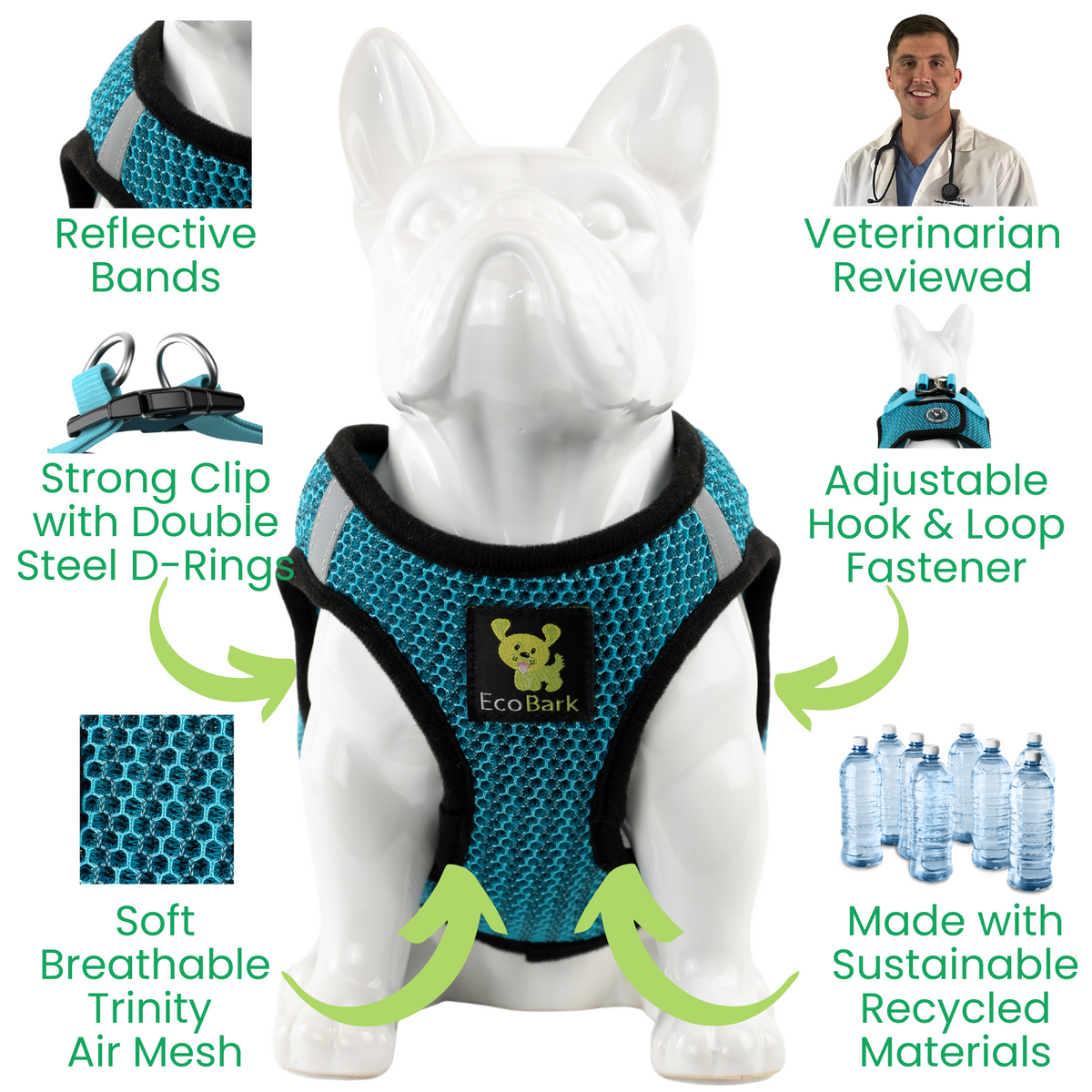 EcoBark Aqua Sport no-choke step-in dog harness showing reflective trim, breathable mesh, recycled materials, and safety buckle