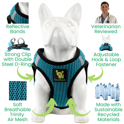 EcoBark Aqua Sport no-choke step-in dog harness showing reflective trim, breathable mesh, recycled materials, and safety buckle