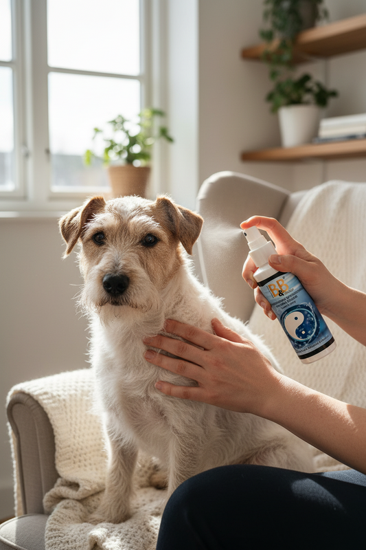 Dog receiving B&B Deluxe Coat Leave-In Spray during grooming