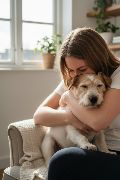 Happy dog cuddling with owner after using B&B Deluxe Coat Leave-In Spray