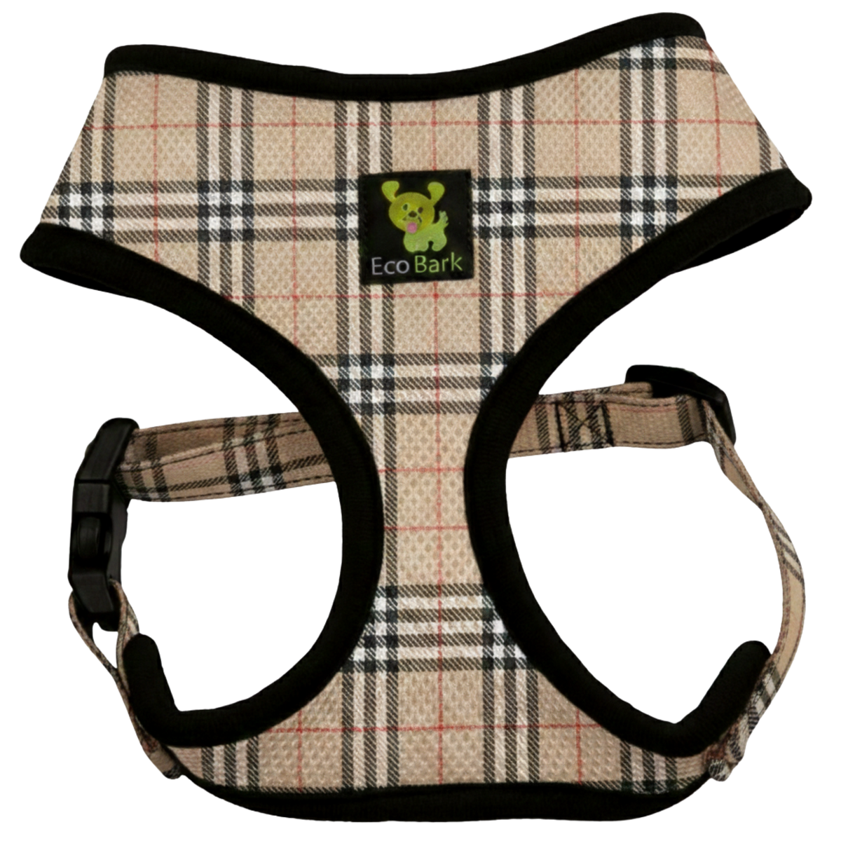 EcoBark eco-friendly beige plaid dog harness front view