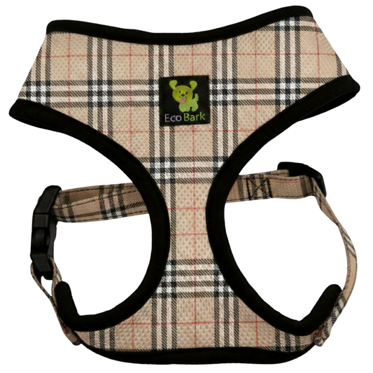 EcoBark eco-friendly beige plaid dog harness front view