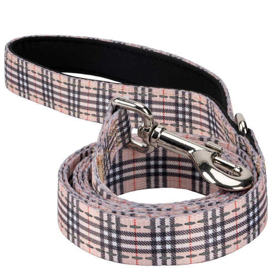 EcoBark Tan Plaid Dog Leash with padded comfort handle and heavy-duty metal clasp