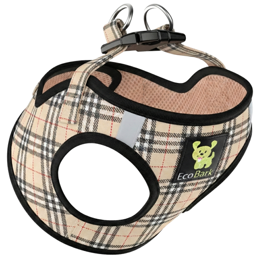 EcoBark Beige Plaid Step-In Dog Harness with breathable mesh and reflective trim for small dogs and puppies.