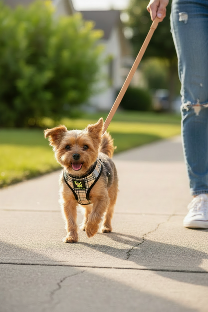 Small dog wearing the EcoBark Beige Plaid Step-In Dog Harness during an outdoor walk, showing the comfortable step-in design and secure fit.