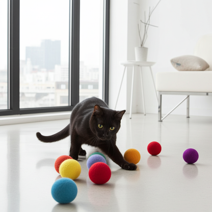 Black cat playing with assorted-color wool felt ball cat toys