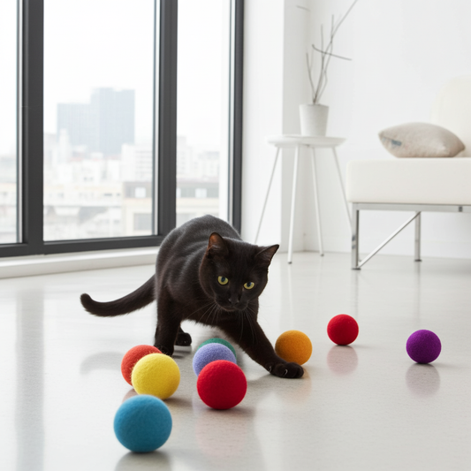 Black cat playing with assorted-color wool felt ball cat toys