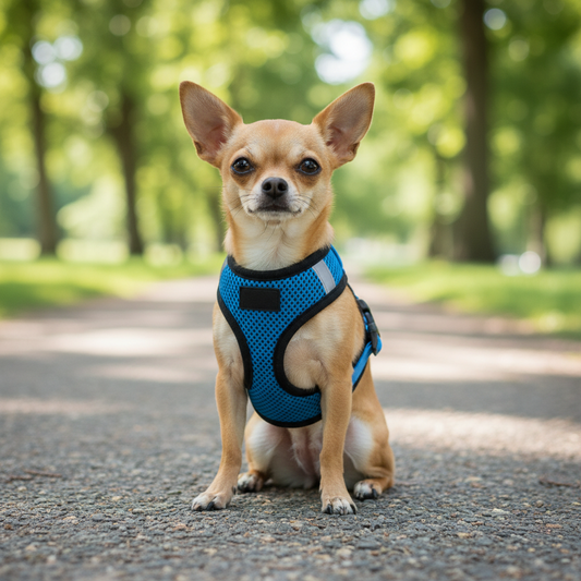 Bright blue EcoBark step-in dog harness on a teacup Chihuahua outdoors