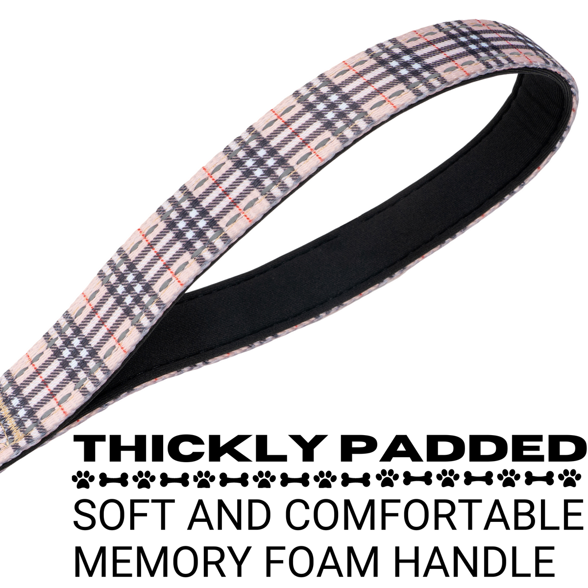 Soft padded comfort handle on the EcoBark Tan Plaid Dog Leash for a secure grip