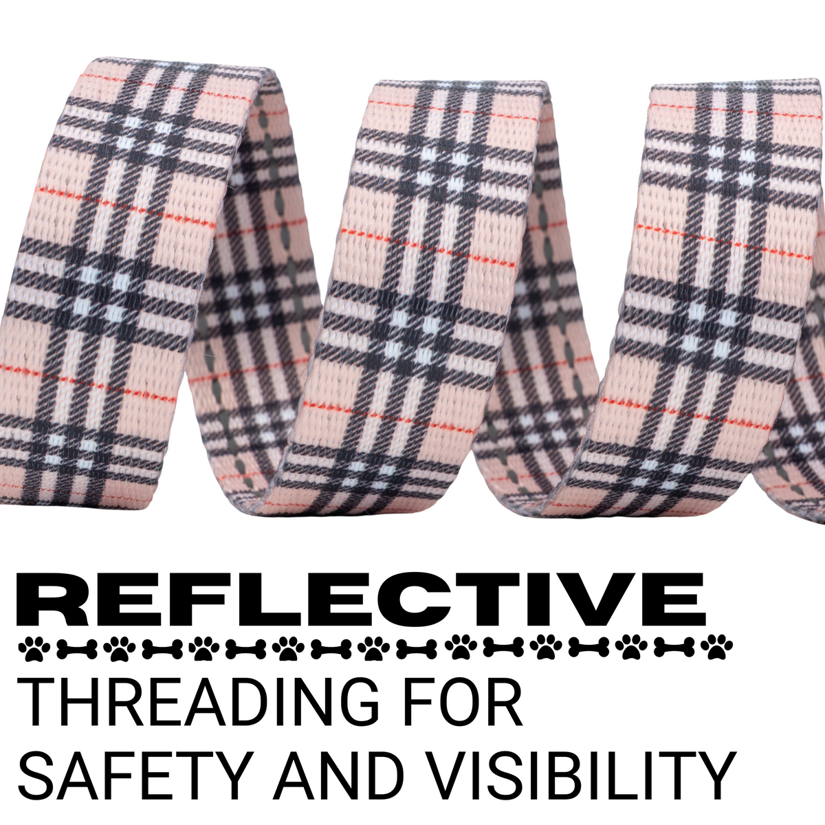 Reflective stitching on the EcoBark Tan Plaid Dog Leash for added visibility