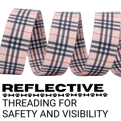 Reflective stitching on the EcoBark Tan Plaid Dog Leash for added visibility