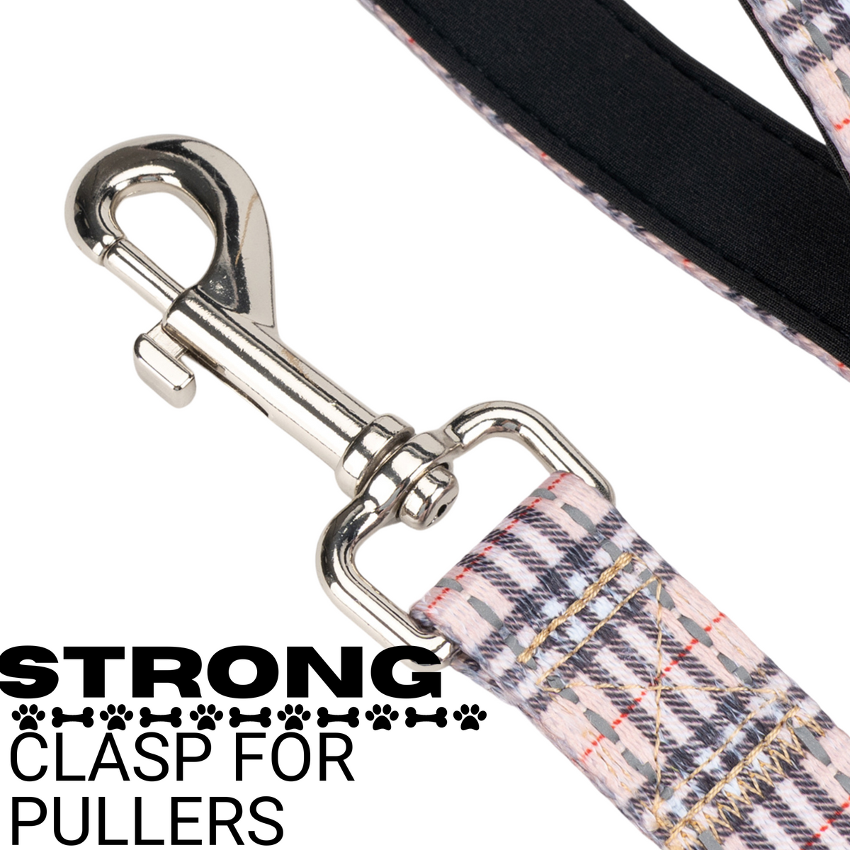 Heavy-duty metal swivel clasp on the EcoBark Tan Plaid Dog Leash
